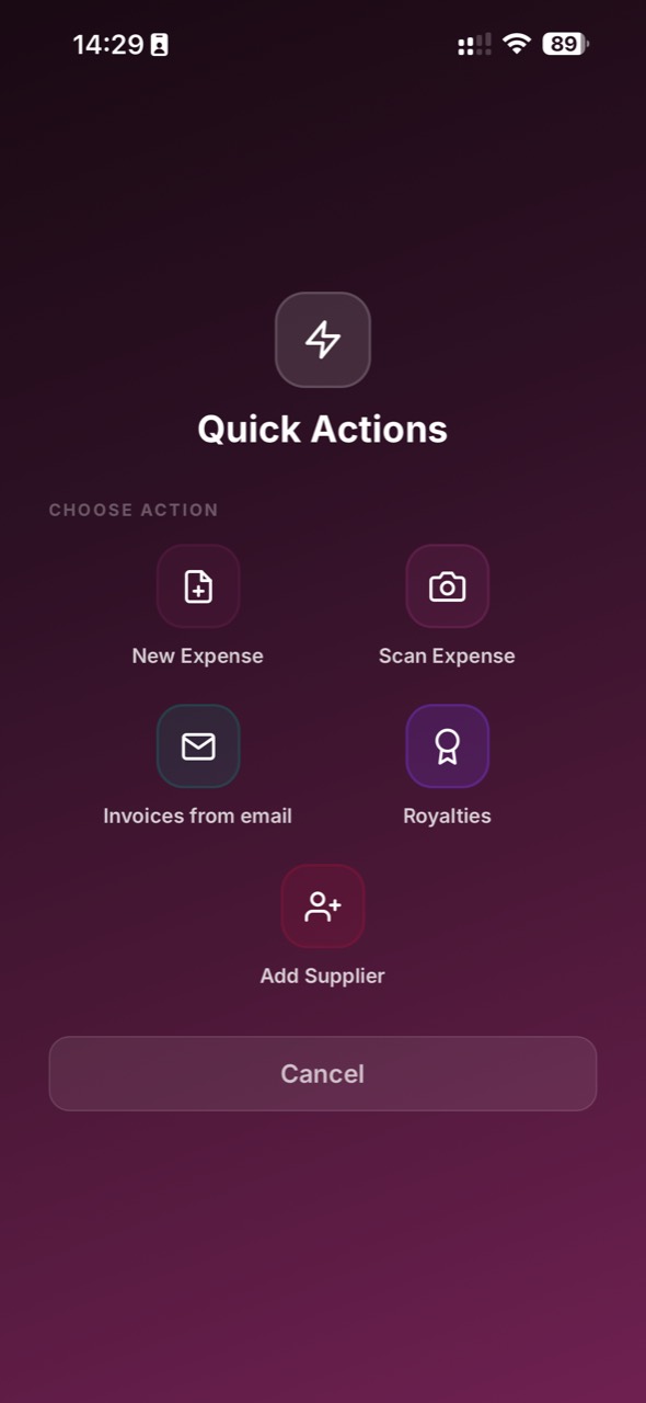Quick expense actions in the Clientlly app