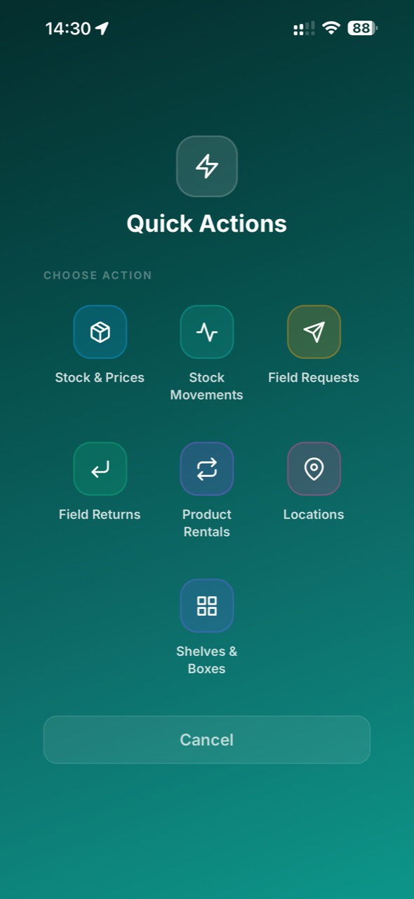 Inventory and warehouse actions in the Clientlly app