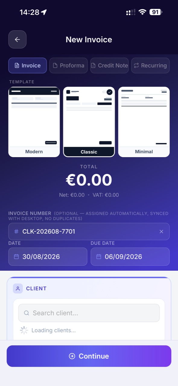 Creating a new invoice in the Clientlly mobile app